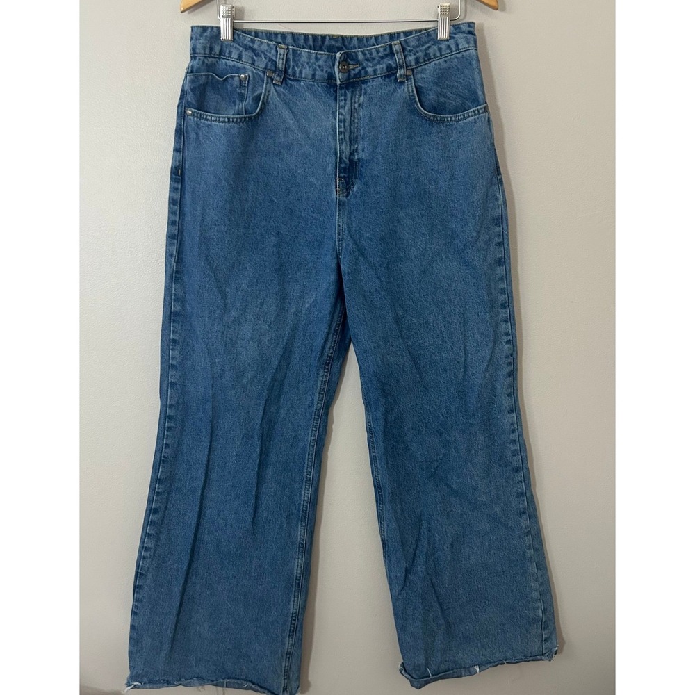Ragged Jeans Wide Leg Jeans Mens 34 Blue Baggy Raw Hem Streetwear Y2K Skater
